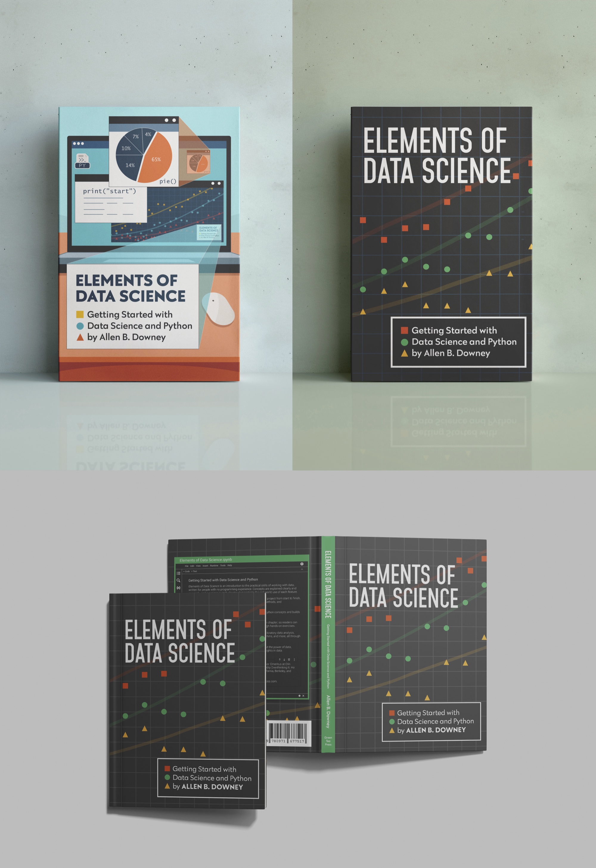 Two cover concepts for “Elements of Data Science” with the chosen final design below