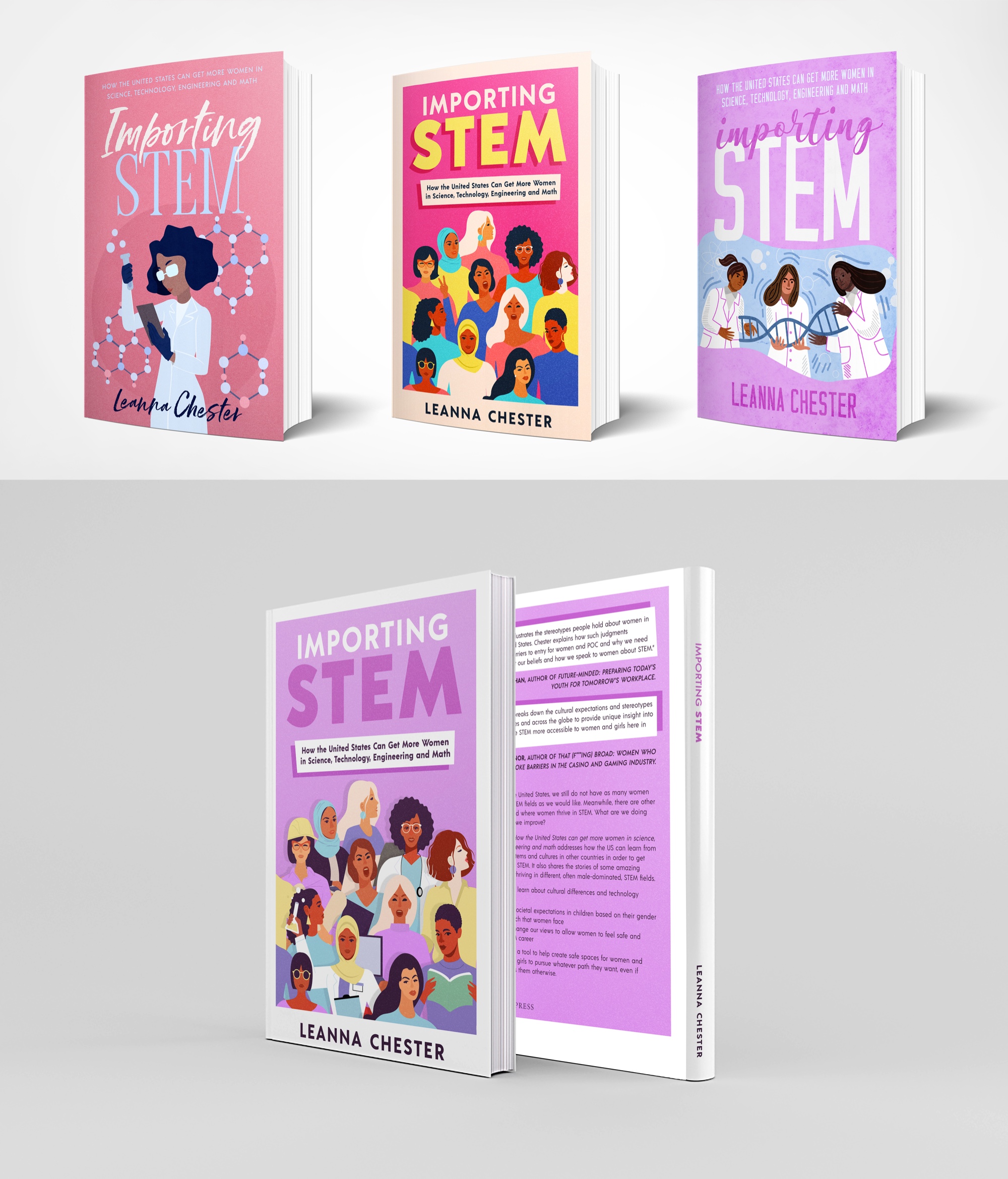 Three cover concepts for “Importing STEM” with the combined final design below